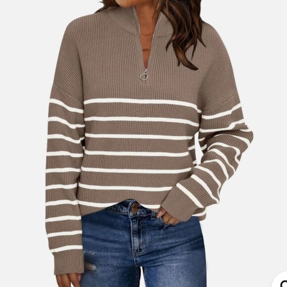 Lillusory Sweaters - Lillusory Gray White Striped Quater Zip Oversized Mock Neck Sweater